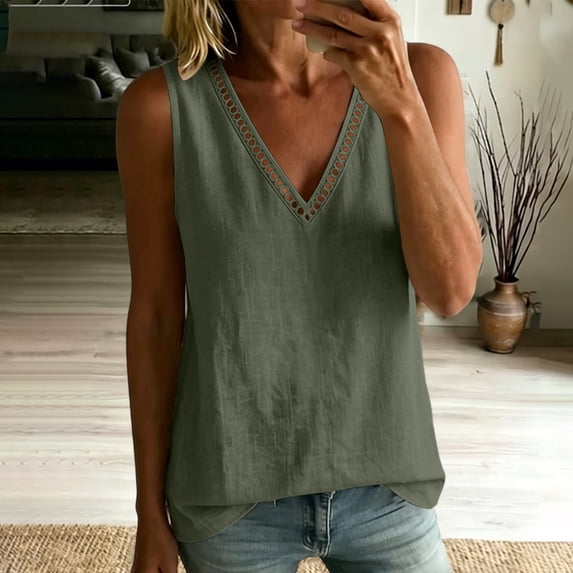 KIHOUT Women's Sleeveless V Neck Tank Top Cotton Casual Solid Color Loose Fit Summer Blouse with Hollow Out Detail