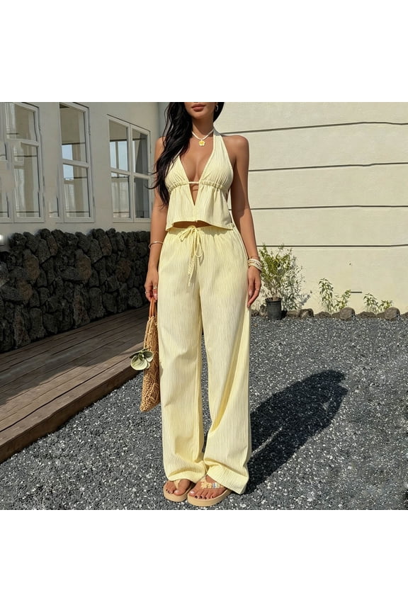 Women's Sleeveless Zip-Front Top and Wide Leg Culottes Two Piece Outfit with Pockets for Casual Everyday Wear
