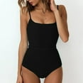thumbnail image 1 of KIHOUT Women's Solid Black Ribbed Square Neck One Piece Swimsuit | High Waist Backless Padded Swimwear for Beach & Pool, 1 of 3