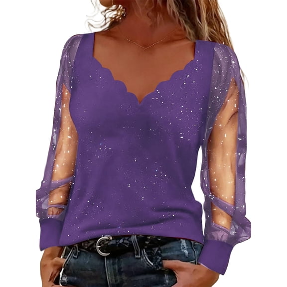 KIHOUT Women's Solid Bling Glitter V-Neck Long Sleeve Sheer Mesh Panel Blouse T-Shirt Casual Fashion Polyester Top for Daily Party Summer Fall with Scalloped Neckline
