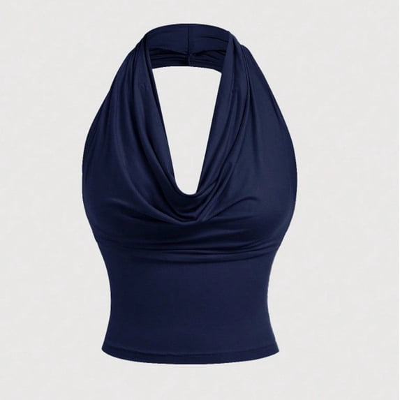 KIHOUT Women's Solid Color Cowl Neck Halter Crop Top Sleeveless Form-Fitting Versatile Blouse for Party Casual Wear