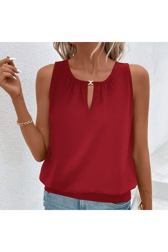 Women's Solid Color Keyhole Neck Sleeveless Blouse with Decorative Buckle Casual Summer Top