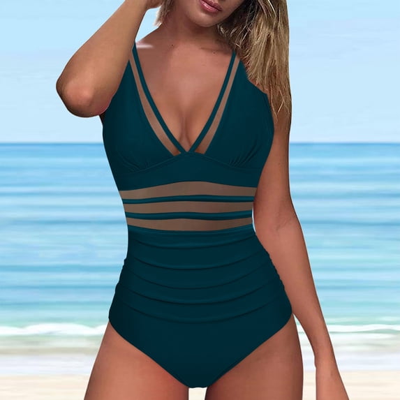 KIHOUT Women's Solid Color Mesh Panel One Piece Swimsuit | Ruched Tummy Control Push-Up Padded Swimwear for Beach & Pool