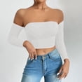 thumbnail image 1 of KIHOUT Women's Solid Color Off Shoulder Long Sleeve Crop Top Form-Fitting Casual Party Blouse for Summer Wear, 1 of 4