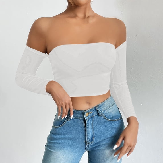 KIHOUT Women's Solid Color Off Shoulder Long Sleeve Crop Top Form-Fitting Casual Party Blouse for Summer Wear