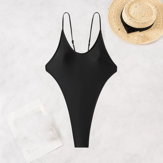 KIHOUT Women's Solid Color Thong One Piece Swimsuit | Adjustable Spaghetti Strap Deep V High Cut Padded Swimwear for Beach & Pool