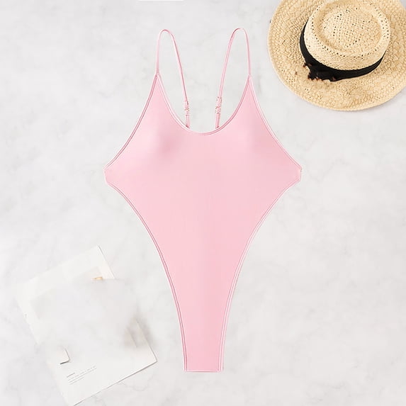 KIHOUT Women's Solid Color Thong One Piece Swimsuit | Adjustable Spaghetti Strap Deep V High Cut Padded Swimwear for Beach & Pool