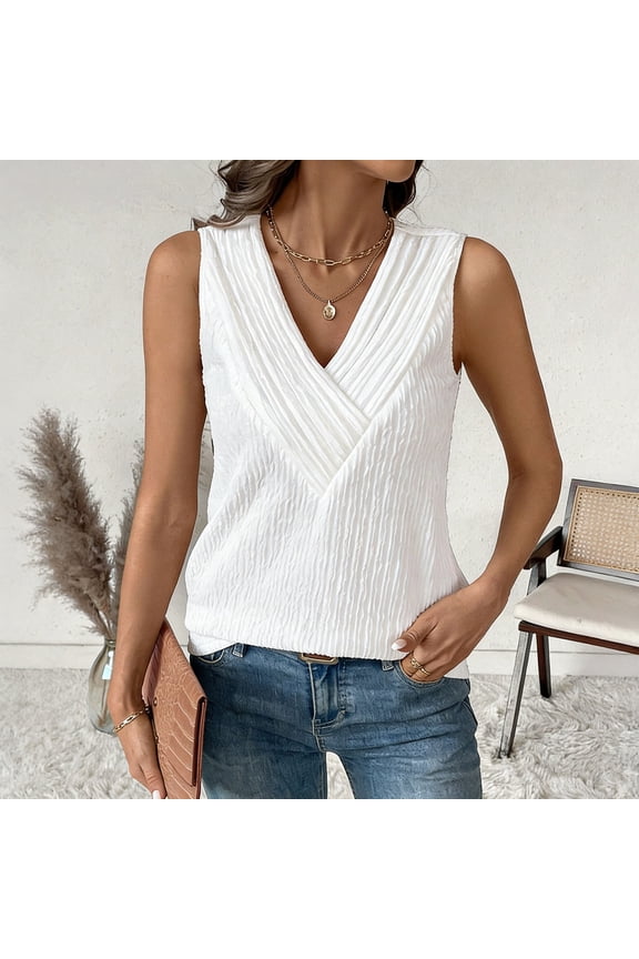 Women's Solid Color V-Neck Textured Sleeveless Top Pleated Detail Blouse for Casual Daily Work Wear