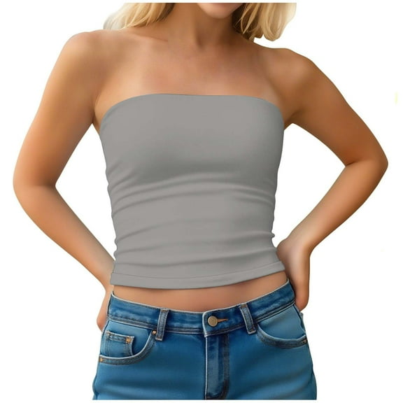 KIHOUT Women's Solid Color Y2K Strapless Tube Top - Double-Layered Sexy Bandeau Crop Top, Slim Fit Going Out Summer Clothes for Women (S-XXL)