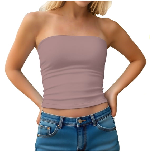KIHOUT Women's Solid Color Y2K Strapless Tube Top - Double-Layered Sexy Bandeau Crop Top, Slim Fit Going Out Summer Clothes for Women (S-XXL)