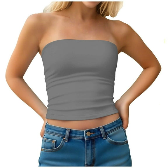 KIHOUT Women's Solid Color Y2K Strapless Tube Top - Double-Layered Sexy Bandeau Crop Top, Slim Fit Going Out Summer Clothes for Women (S-XXL)