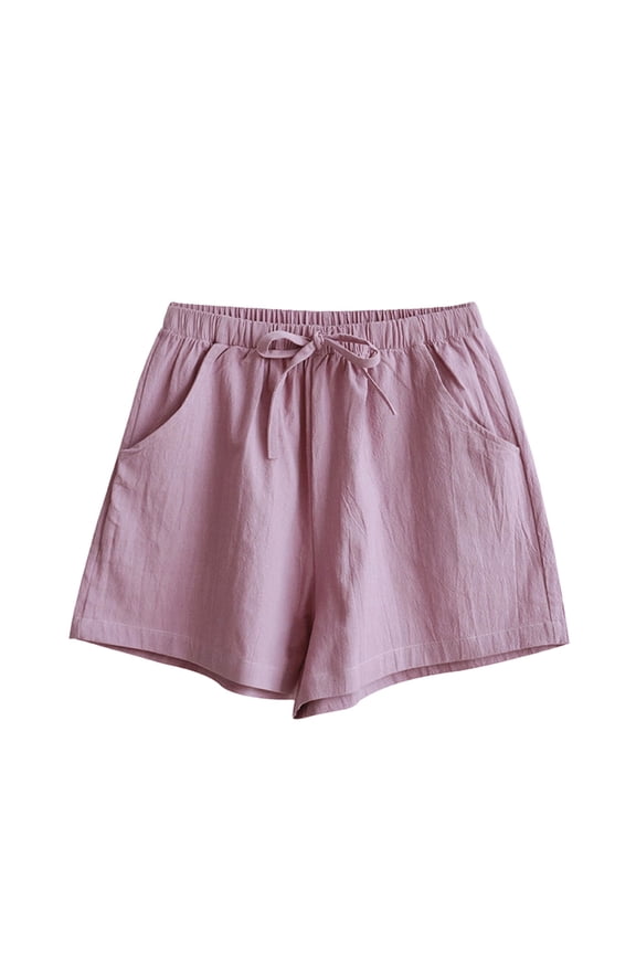 Women's Solid High Waisted Hemp Blend Casual Shorts Elastic Drawstring Waist Pocketed Loose Fit Summer Lounge Wear