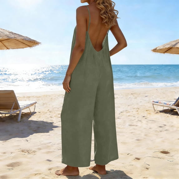 KIHOUT Women's Spaghetti Strap Backless Jumpsuit with Pockets Loose Wide Leg Casual Romper for Summer Beach Wear