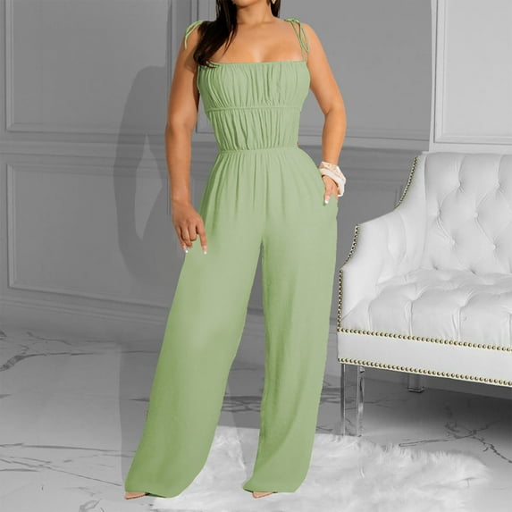 KIHOUT Women's Spaghetti Strap Smocked Waist Jumpsuit with Pockets Solid Color Wide Leg Casual Romper for Summer Beach Wear