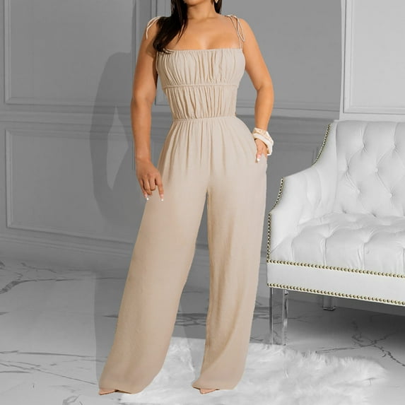 KIHOUT Women's Spaghetti Strap Smocked Waist Jumpsuit with Pockets Solid Color Wide Leg Casual Romper for Summer Beach Wear
