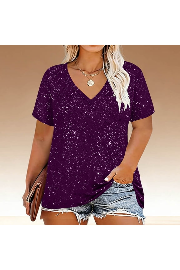 Women's Sparkly Studded V-Neck Tee Sparkle Short Sleeve Top Sparkle Glitter Yoke Keyhole Neck Plus Size Party Top for Summer & Daily Wear