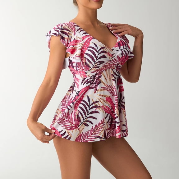 KIHOUT Women's Split Bikini Swimsuit Floral Print Peplum Ruffle Top Removable Padded Nylon for Beach Pool Summer