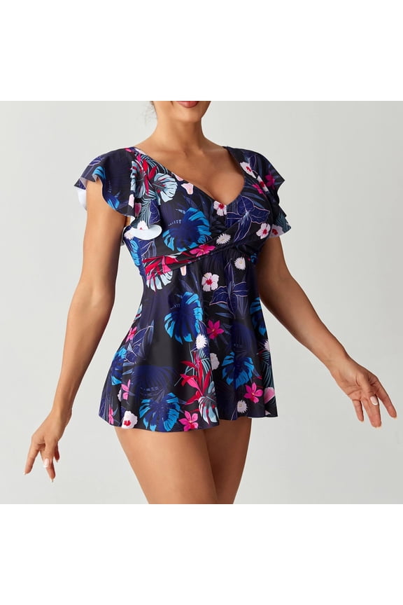 Women's Split Bikini Swimsuit Floral Print Peplum Ruffle Top Removable Padded Nylon for Beach Pool Summer
