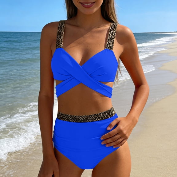 KIHOUT Women's Split Bikini Swimsuit Solid Color Crisscross Cutout Embellished Straps High-Waisted Bottom Removable Padded for Beach Pool Summer