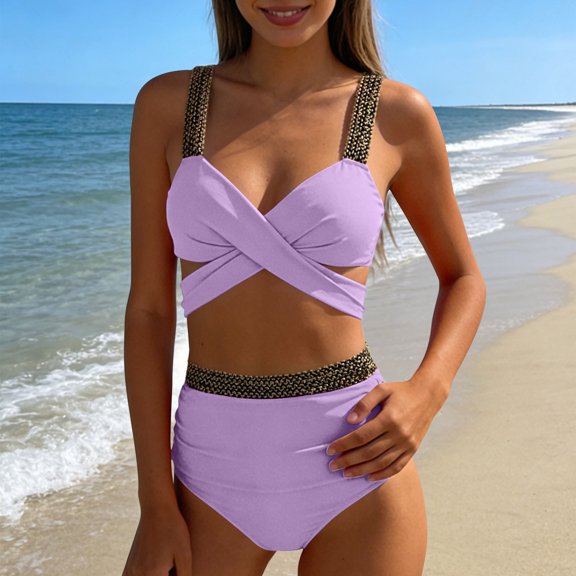 KIHOUT Women's Split Bikini Swimsuit Solid Color Crisscross Cutout Embellished Straps High-Waisted Bottom Removable Padded for Beach Pool Summer
