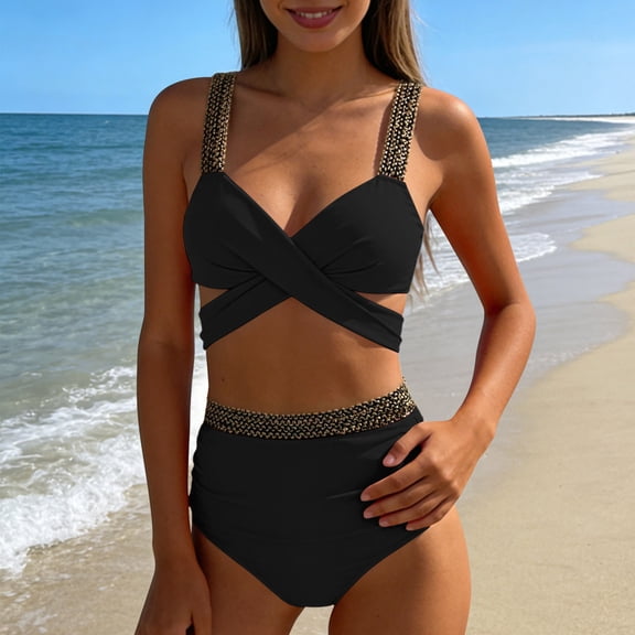 KIHOUT Women's Split Bikini Swimsuit Solid Color Crisscross Cutout Embellished Straps High-Waisted Bottom Removable Padded for Beach Pool Summer
