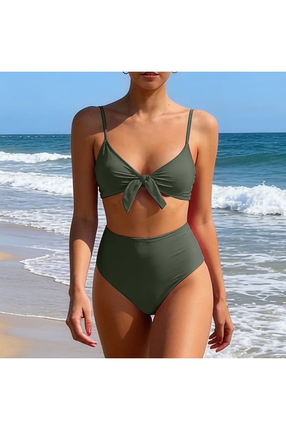 Women's Split Bikini Swimsuit Solid Color Knot Front High-Waisted Bottom Removable Padded for Beach Pool Summer