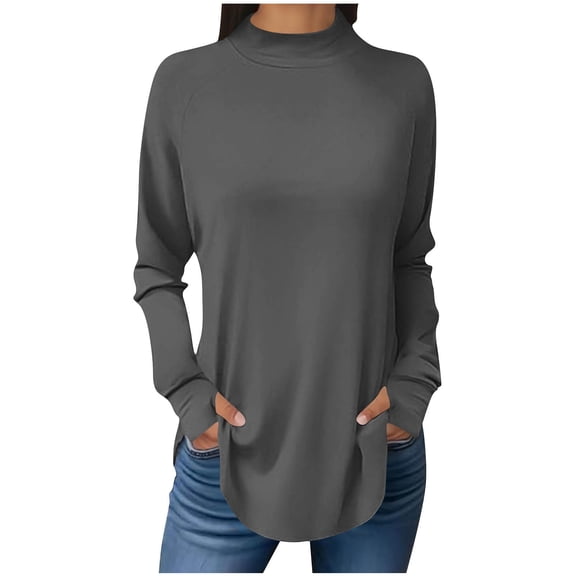 KIHOUT Women's Spring High Neck Solid Color Long Sleeve T-shirt with Thumb Sleeve Holes (95%Polyester 5%Spandex, S, M, L, XL, XXL)
