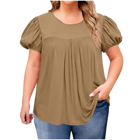 KIHOUT Women's Spring Summer Plus Size Solid Ruffled Bubble Sleeve Short Sleeve Round Neck Casual Daily Party Top