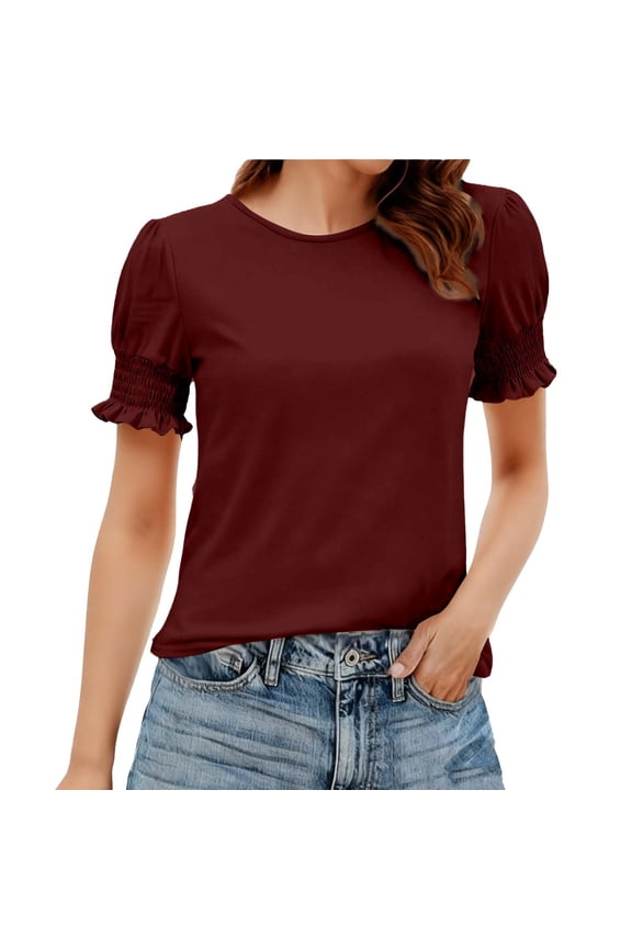 Women's Spring Summer Solid Color Base T-Shirt Ruffled Bubble Sleeve Round Neck Casual Daily Party Top