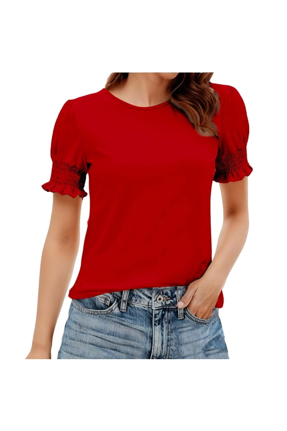Women's Spring Summer Solid Color Base T-Shirt Ruffled Bubble Sleeve Round Neck Casual Daily Party Top