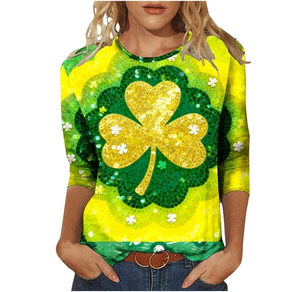 KIHOUT Women's St. Patrick's Day 3/4 Sleeve Round Neck Top Celtic Knot & Clover Print Casual Polyester Spandex Shirt for Daily Home Festive Occasions