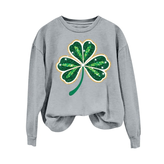 KIHOUT Women's St. Patrick's Day Sequin Four-Leaf Clover Print Round Neck Long Sleeve No-Hood Sweatshirt for Fall Winter Spring Casual Daily