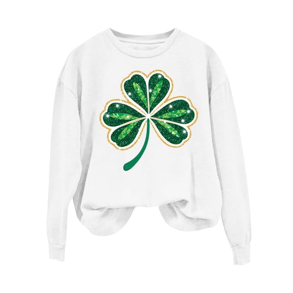 KIHOUT Women's St. Patrick's Day Sequin Four-Leaf Clover Print Round Neck Long Sleeve No-Hood Sweatshirt for Fall Winter Spring Casual Daily