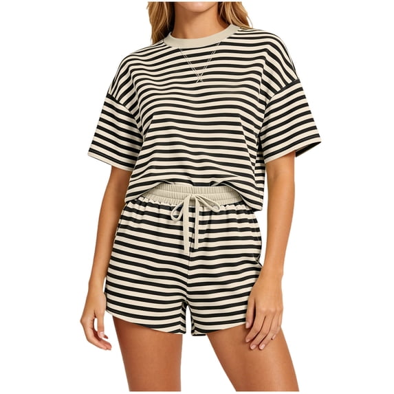KIHOUT Women's Striped 2 Piece Outfit Short Sleeve Crew Neck Top and Drawstring Waist Shorts Set Casual Summer Tracksuit Loose Fit Stretchy Pajama Sets for Women Daily Wear Vacation
