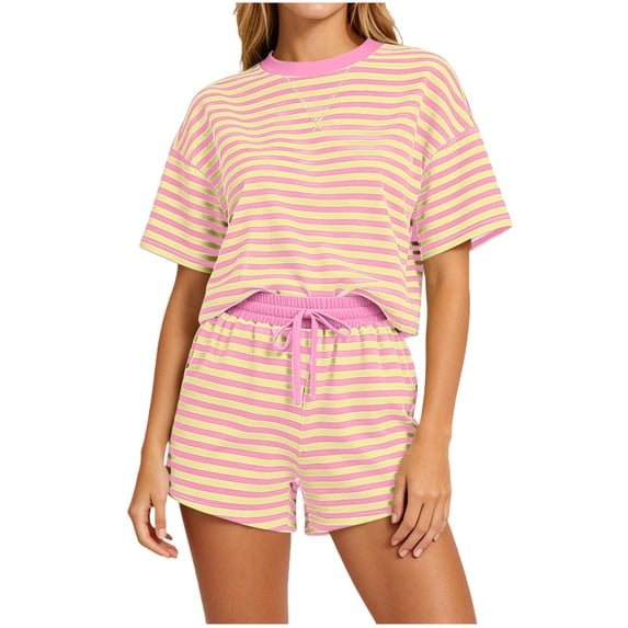 KIHOUT Women's Striped 2 Piece Outfit Short Sleeve Crew Neck Top and Drawstring Waist Shorts Set Casual Summer Tracksuit Loose Fit Stretchy Pajama Sets for Women Daily Wear Vacation