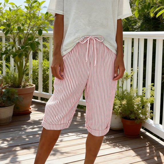 KIHOUT Women's Striped Capri Shorts - Nylon Spandex Blend, Elastic Drawstring Waist, Side Pockets, Loose Wide Leg for Casual, Beach & All-Season Wear
