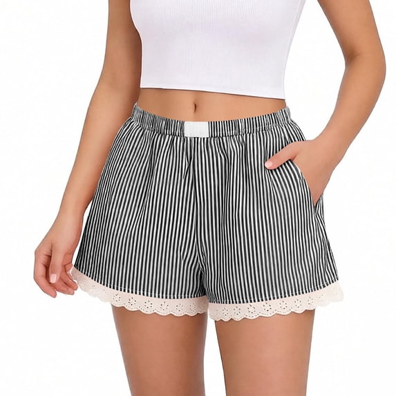 KIHOUT Women's Striped Lace Trim Elastic Waist Shorts - Cotton Blend, Side Pockets, Casual Sleep & Loungewear for Spring & Summer