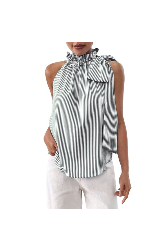 Women's Striped Ruffled Halter Neck Sleeveless Blouse, Tie Knot High Neck Flowy Top, Nylon-Spandex Casual Summer Shirt for Women