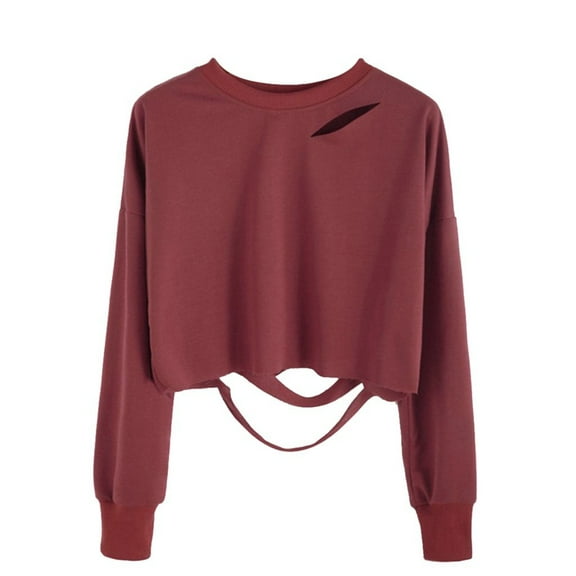 KIHOUT Women's Stylish Short, ,Ripped, Crew Neck, Long-Sleeved Pullover Top