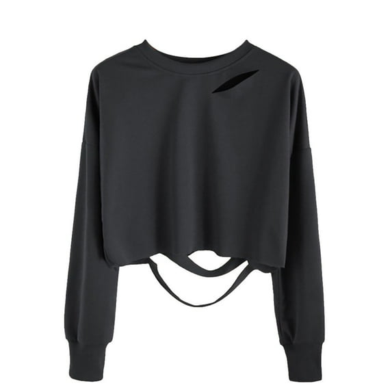 KIHOUT Women's Stylish Short, ,Ripped, Crew Neck, Long-Sleeved Pullover Top