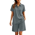 thumbnail image 1 of KIHOUT Women's Summer Casual Two Piece Outfit Short Sleeve Lapel Button V Neck Top and Shorts Set Loose Fit Breathable Cotton Linen Blend Tracksuit for Daily Vacation, 1 of 8