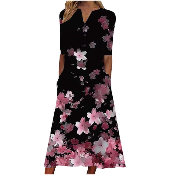 KIHOUT Women's Summer Dress Fashion Floral Printed Short Sleeved V-neck Button Mid Calf Dress Multicolor 2XL