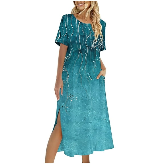 KIHOUT Women's Summer Dress Printed Short Sleeve Round Neck Split Hem Beach A Line Dress with Pockets Blue 2XL