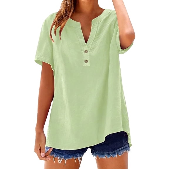 KIHOUT Women's Summer Linen Cotton Short Sleeve V-Neck Solid Casual Comfortable Blouse Top Daily Leisure Party Wear
