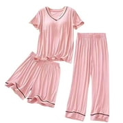 KIHOUT Womens Summer Pajama Set Plus Size,V Neck Short Sleeve Top Underwear with Chest Pad,Elastic Waist Loose Sleepwear Shorts and Capris Pants Ladies Casual Nightdress SetPink,L-3XL