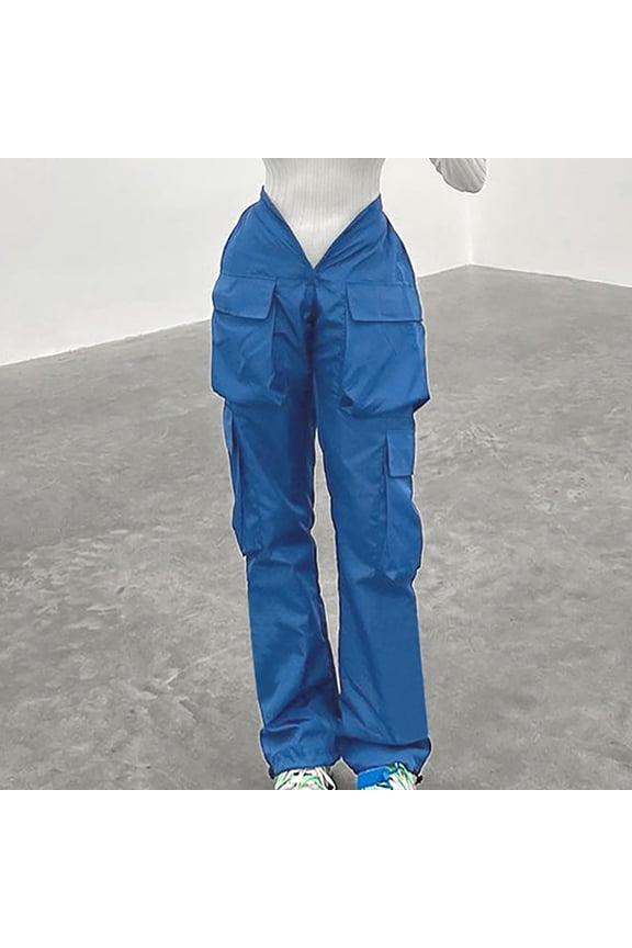 Women's Summer Pants Casual Straight Large Pocket Overalls V-neck Personalized Waist Closing Casual Pants