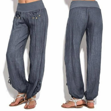 KIHOUT Women's Summer Pants Women Solid Buttons Casual Loose Trouser Wide Leg Pants