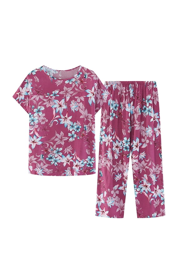 Women's Summer Printed Pajama Two Piece Set Plus Size,Round Neck Short Sleeve Top and Elastic Waist Capris Pants Loose Comfy Pajama Set Ladies Casual Tops Pants Nightdress Set XL-4XL