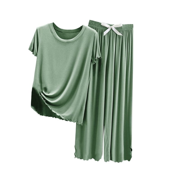 KIHOUT Women's Summer Solid Pajama Two Piece Set Plus Size,Round Neck Short Sleeve Top and Elastic Waist Capris Pants Loose Comfy Pajama Set Ladies Casual Tops Pants Nightdress Set
