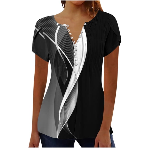 KIHOUT Women's Summer Tops Pleated Button V Neck Short Sleeve T-Shirt Causal Waist A-Line Print Tunic Tops